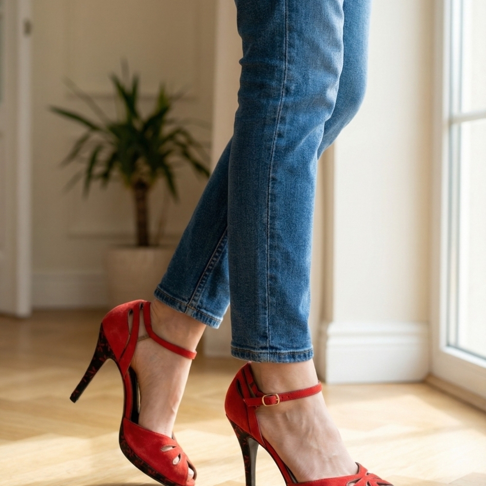 Italian Via Spiga strappy high heels red suede with an open-toe Size 7.5